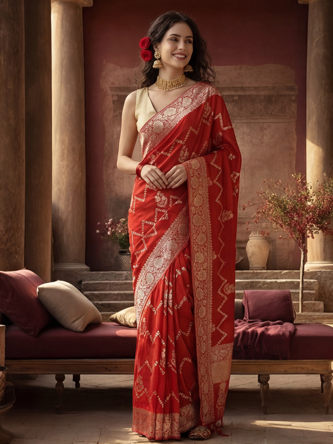Women's Red Staple Jacquard Dola Weaving Work Saree