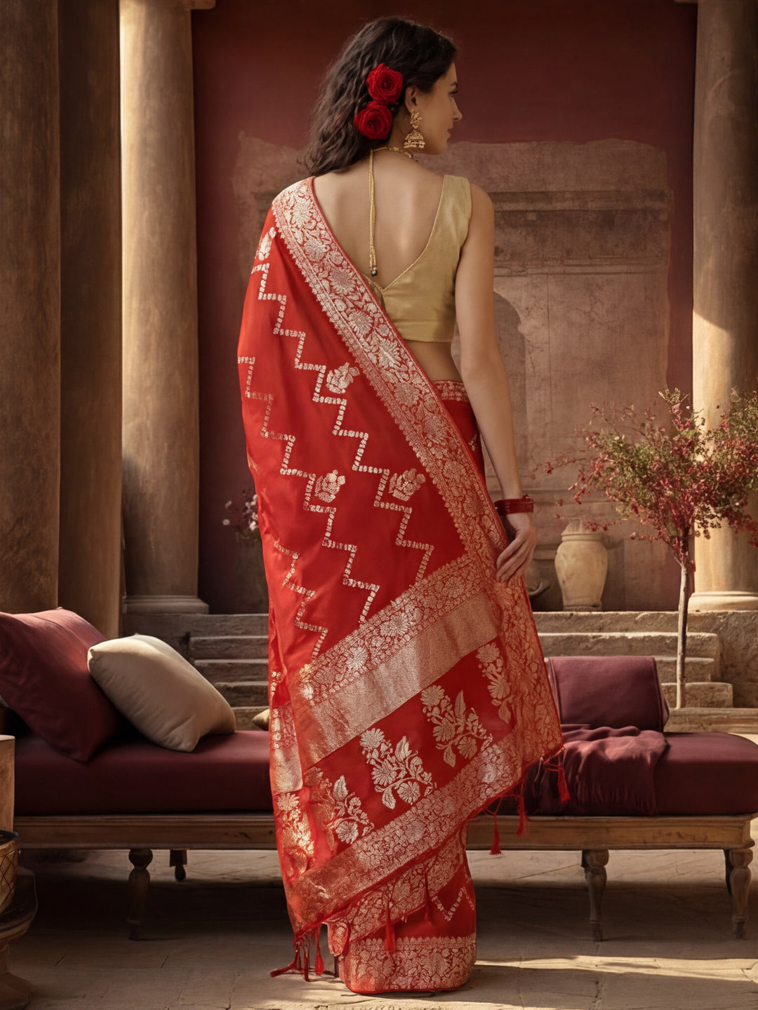 Women's Red Staple Jacquard Dola Weaving Work Saree