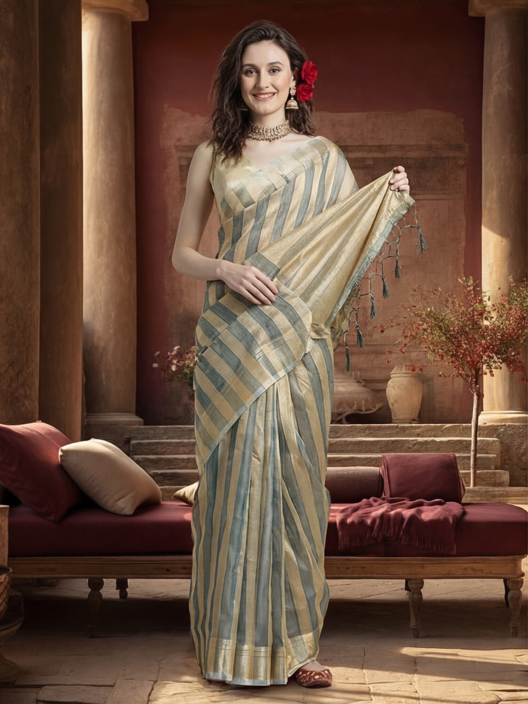 Striped Embellished Banarasi Organza Saree