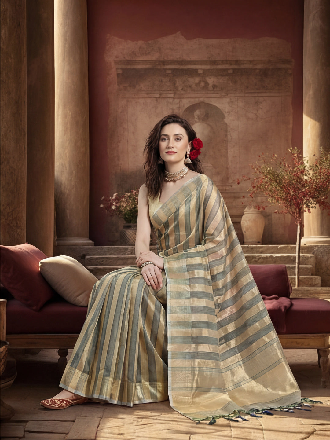 Striped Embellished Banarasi Organza Saree