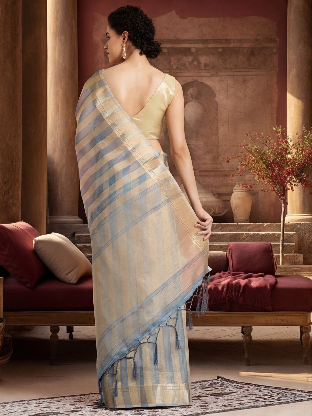 Striped Embellished Banarasi Organza Saree