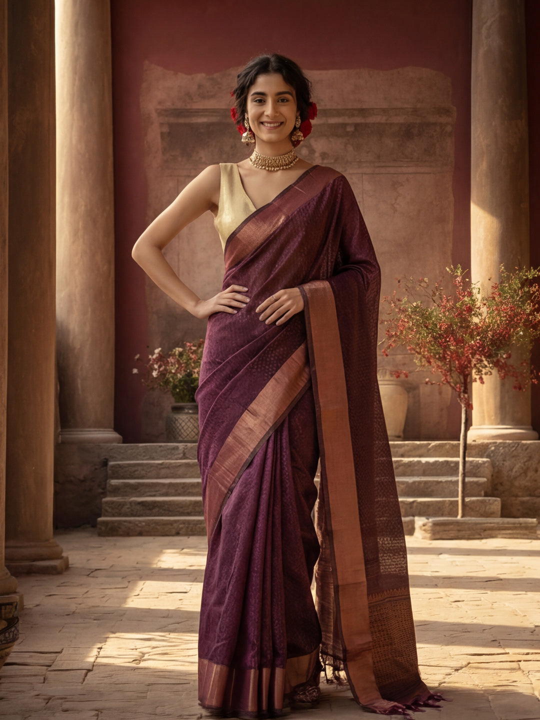 Women's Wine Colour Khadi Organza Fabric Weaving Work Saree