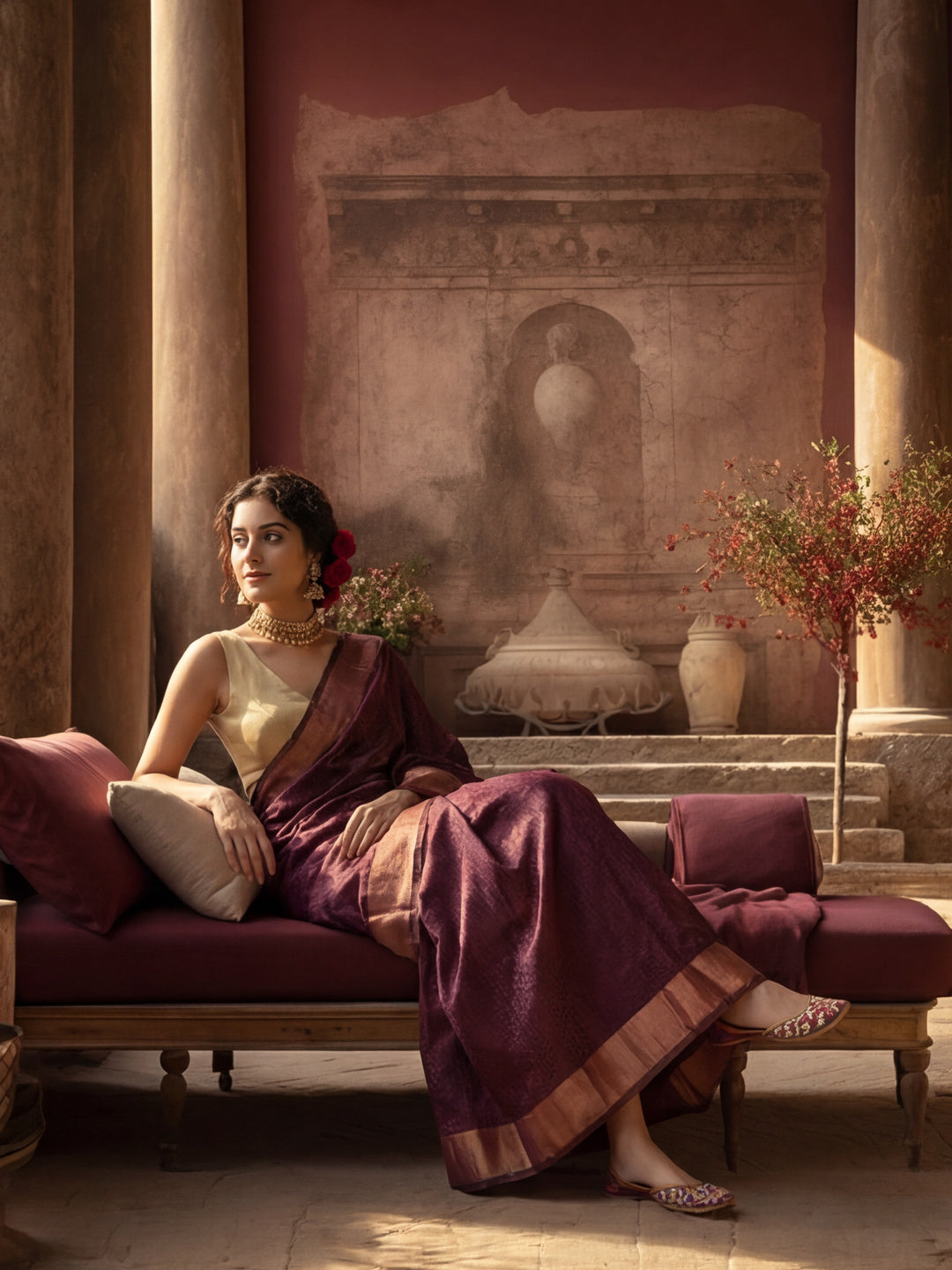 Women's Wine Colour Khadi Organza Fabric Weaving Work Saree
