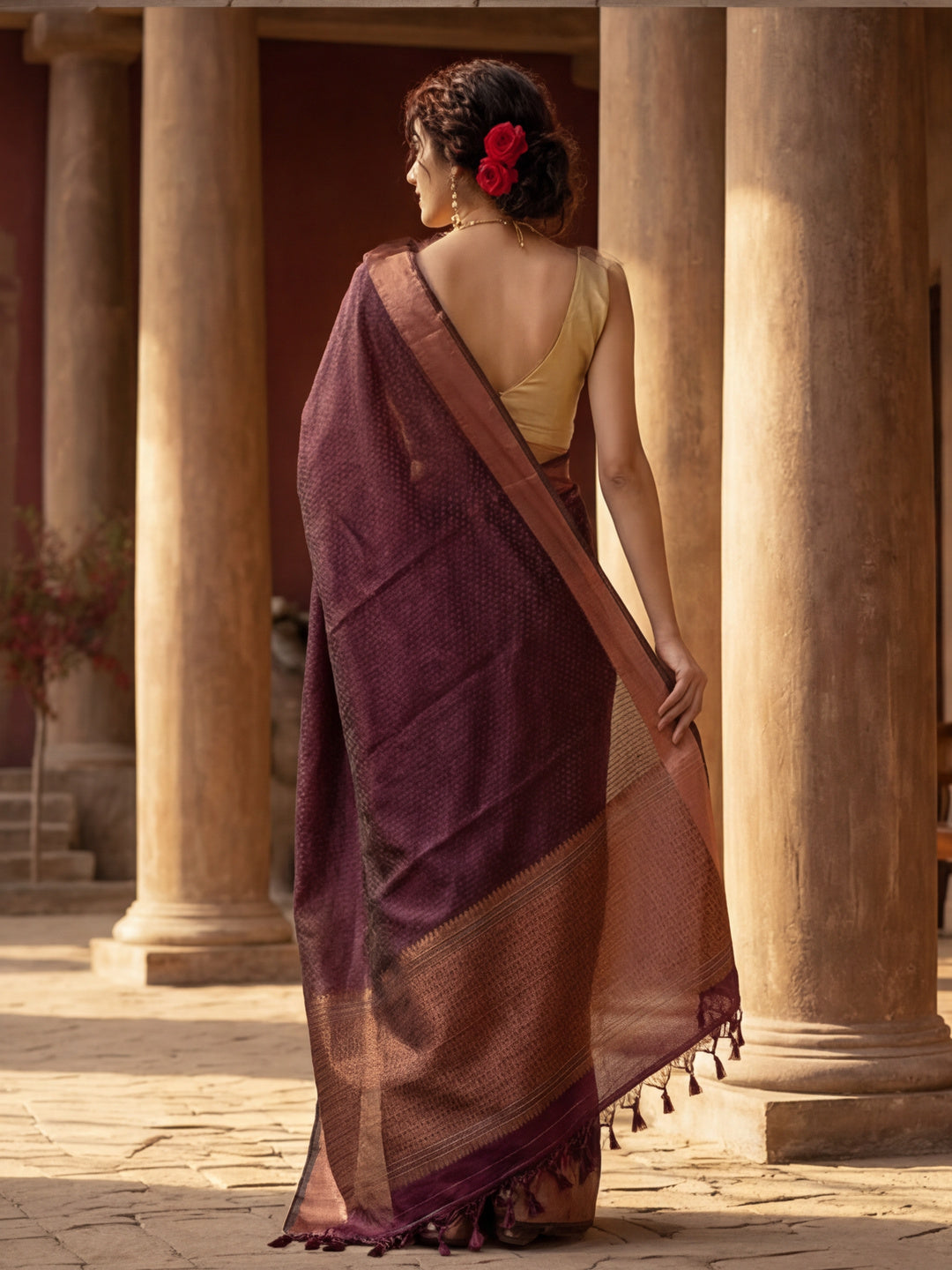 Women's Wine Colour Khadi Organza Fabric Weaving Work Saree