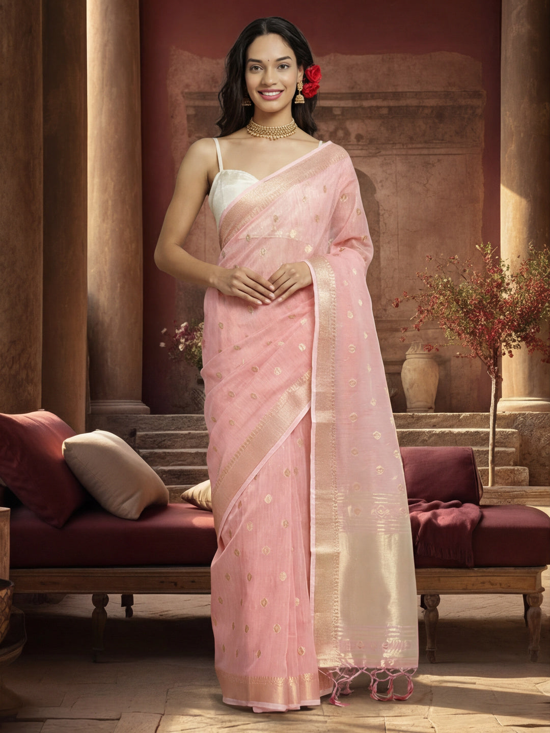 Women's Pink Colour Jacquard Khadi Organza Fabric Weaving Work Saree