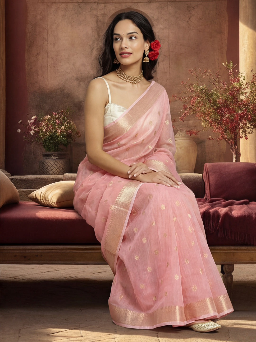 Women's Pink Colour Jacquard Khadi Organza Fabric Weaving Work Saree