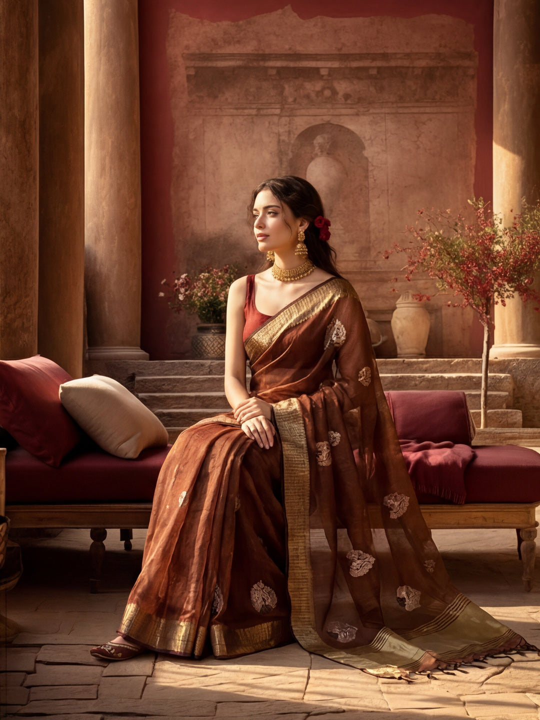 Women's Brown Colour Khadi Organza Fabric Embroidered Work Saree