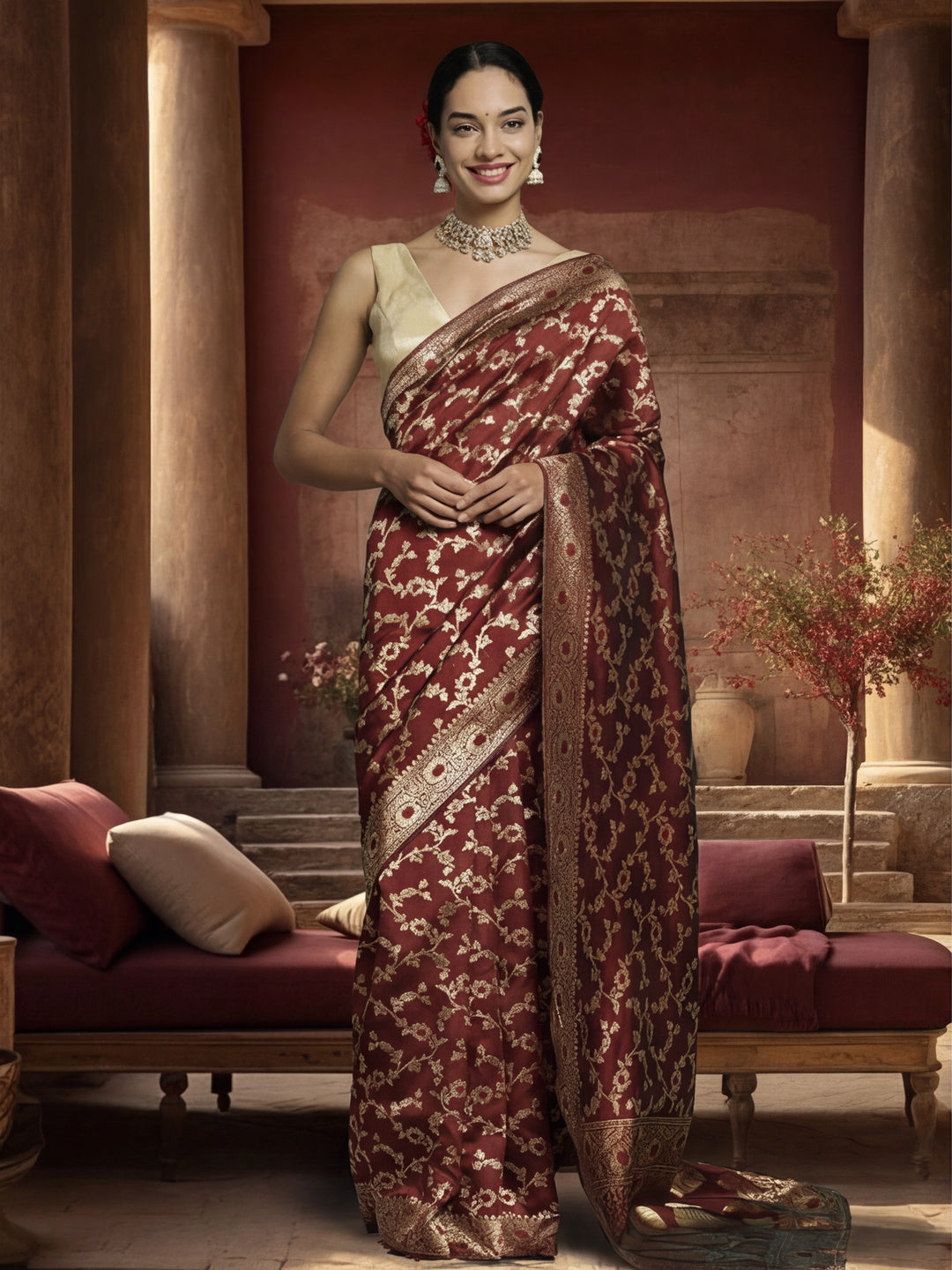 Women's Designer Weaving Work Maroon Saree