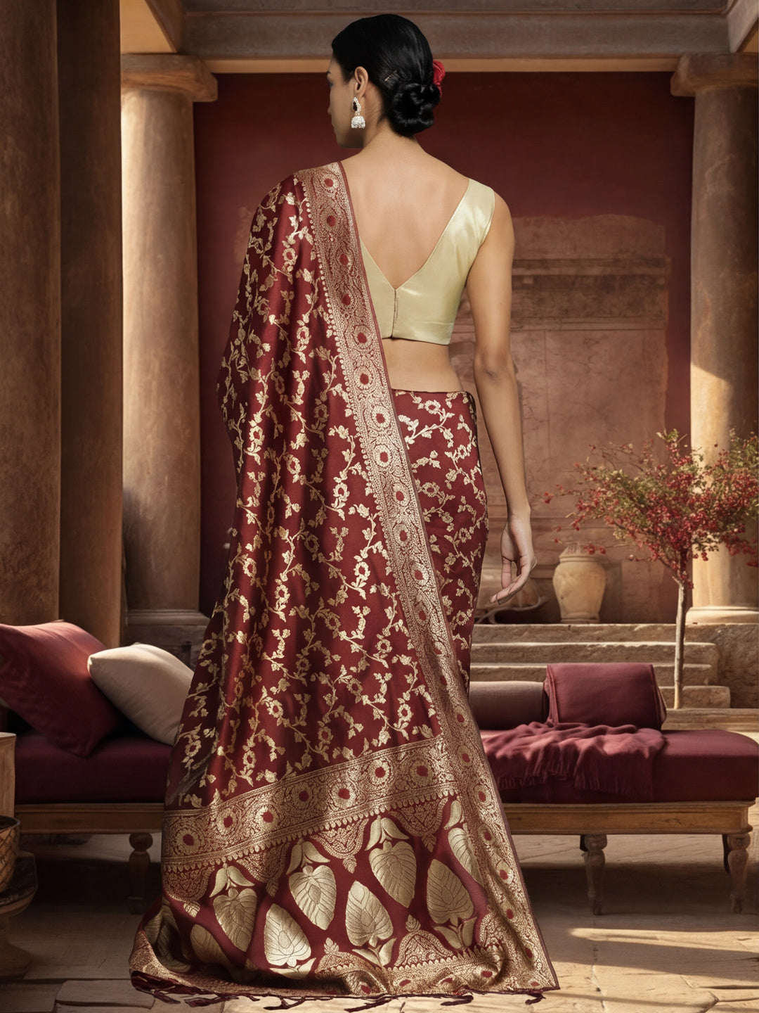 Women's Designer Weaving Work Maroon Saree