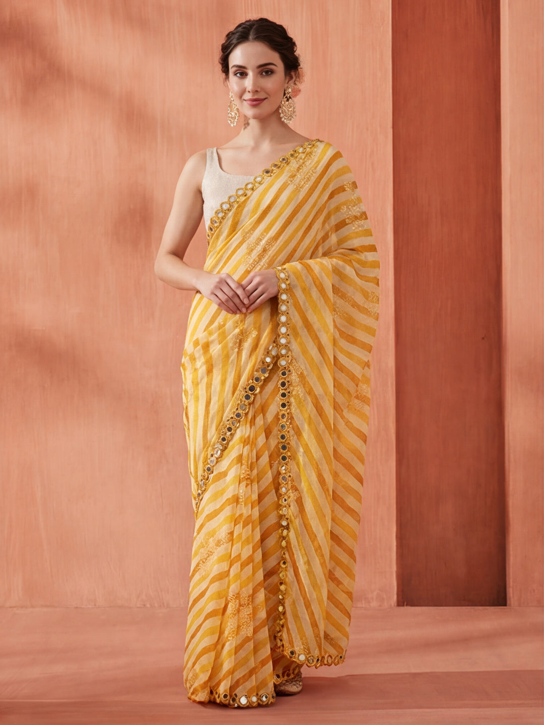 Pure Georgette Leheriya Mirror Work Saree