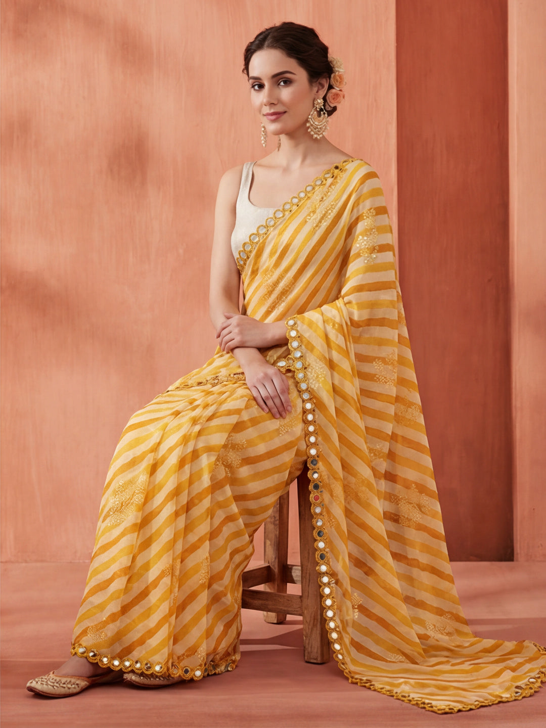 Pure Georgette Leheriya Mirror Work Saree