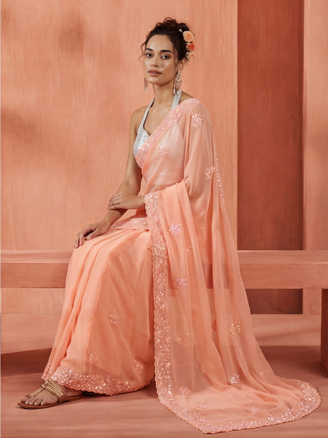 Pure Georgette Sequin Embroidered Saree