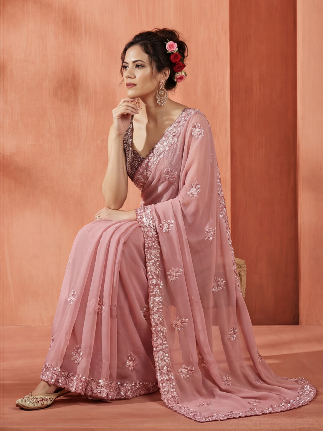 Pure Georgette Sequin Embroidered Saree