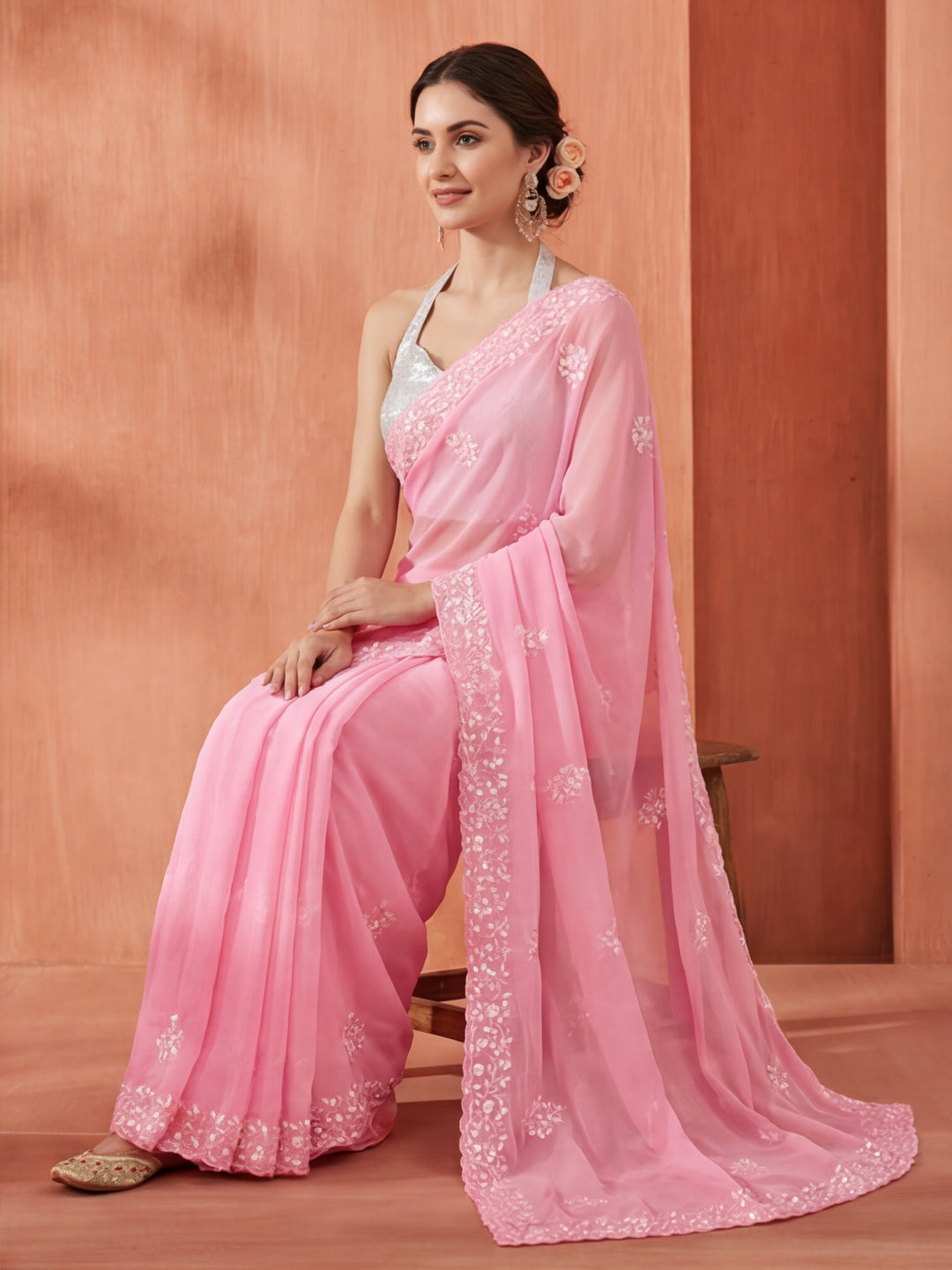 Pure Georgette Sequin Embroidered Saree