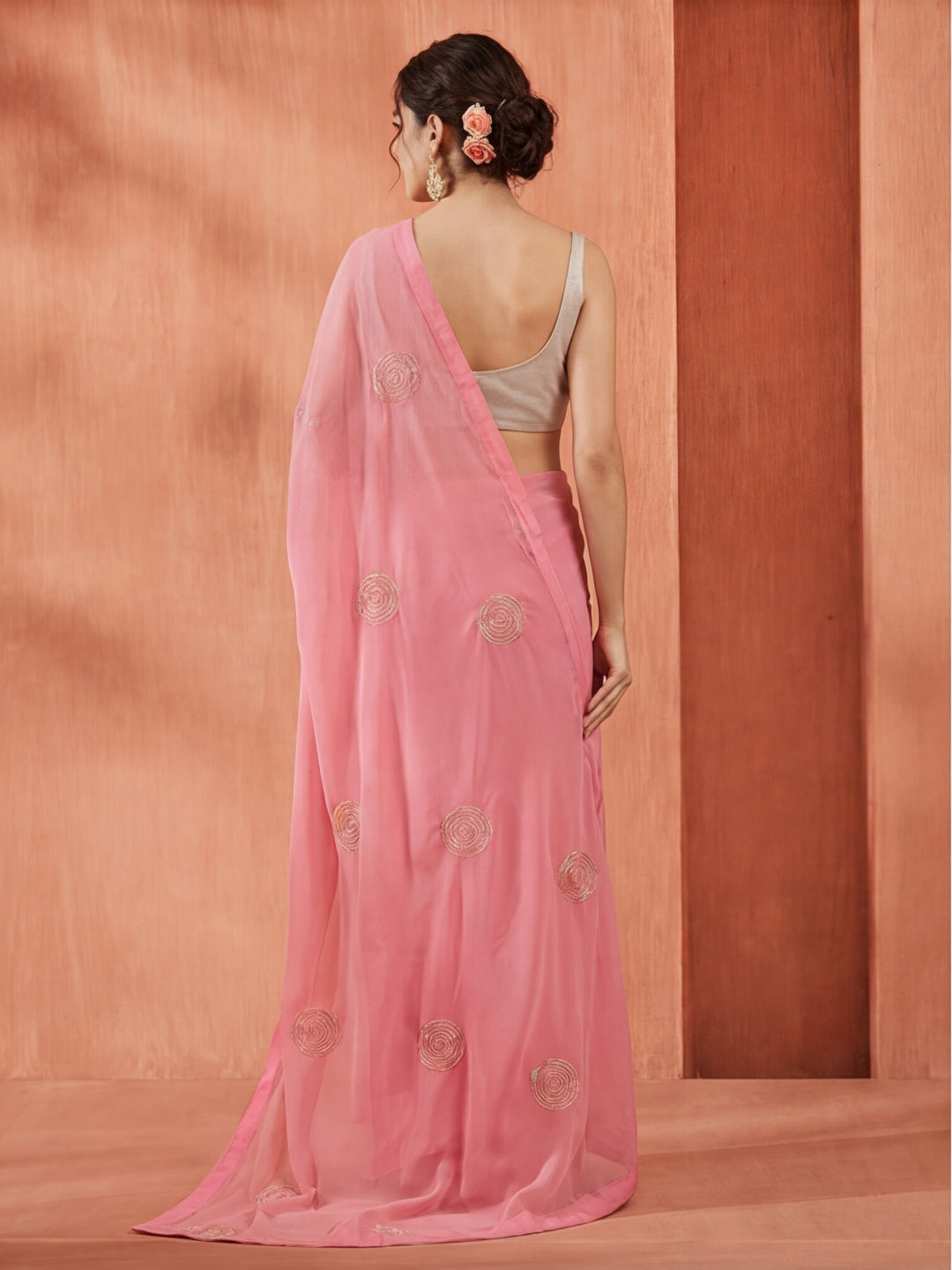 Sequin Embroidered Pure Georgette Pink Saree