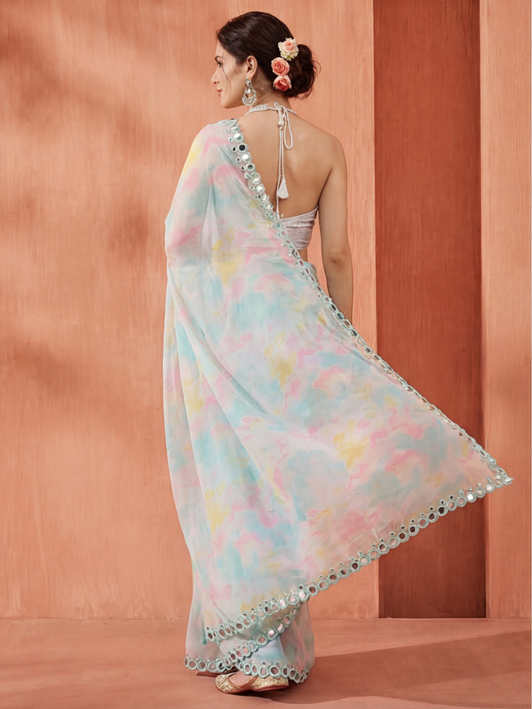 Tie-Dye Mirror Work Pure Georgette Saree