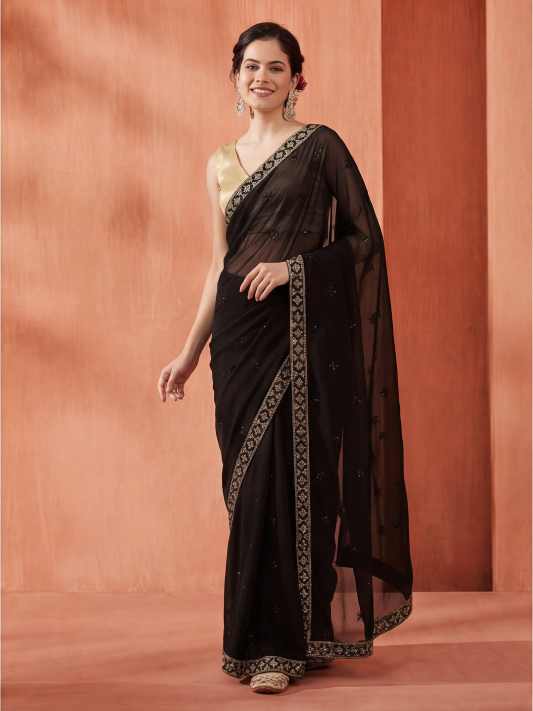 Party Wear Sequin Work Black Georgette Saree