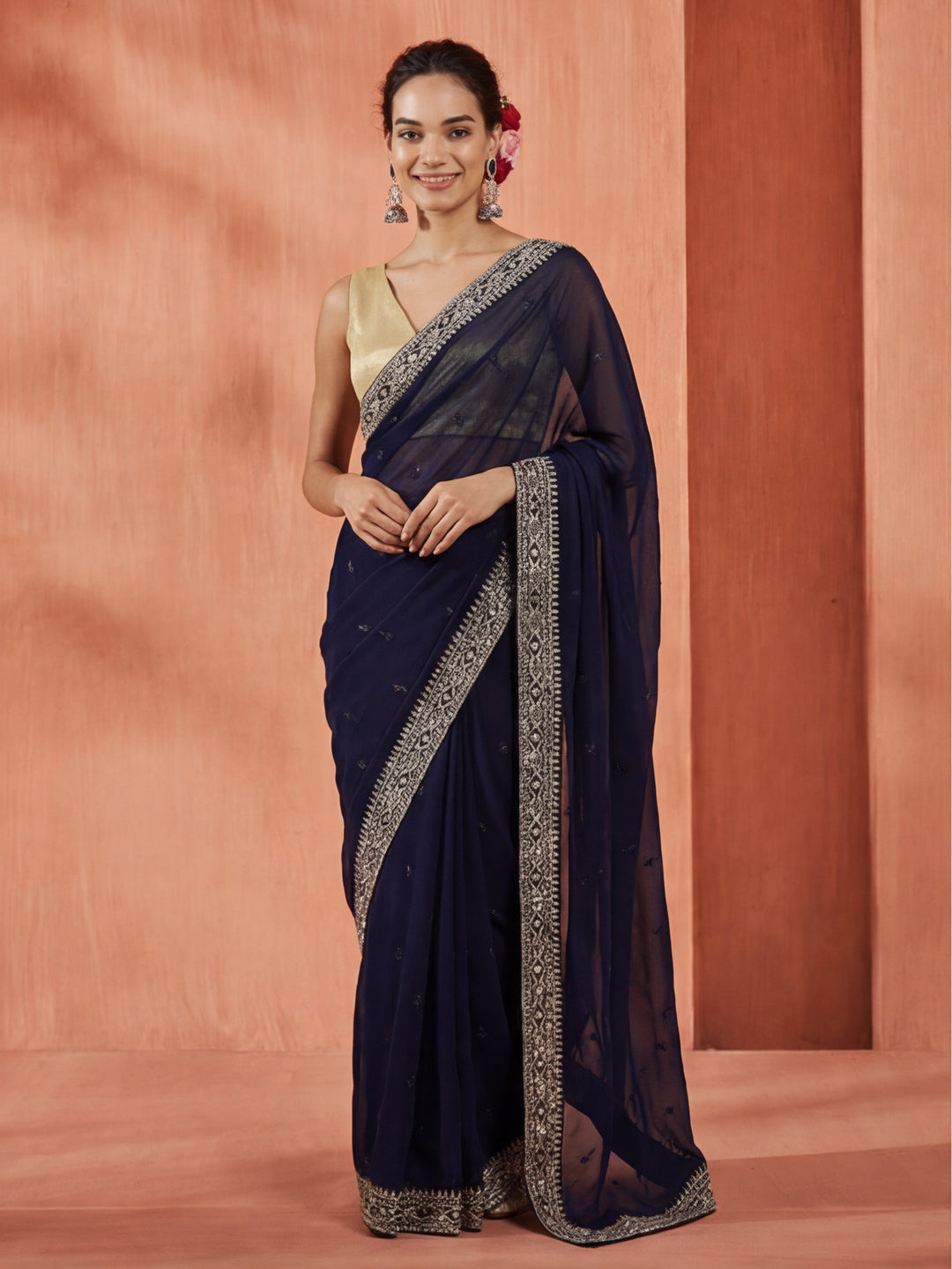 Party Wear Sequin Work Blue Georgette Saree