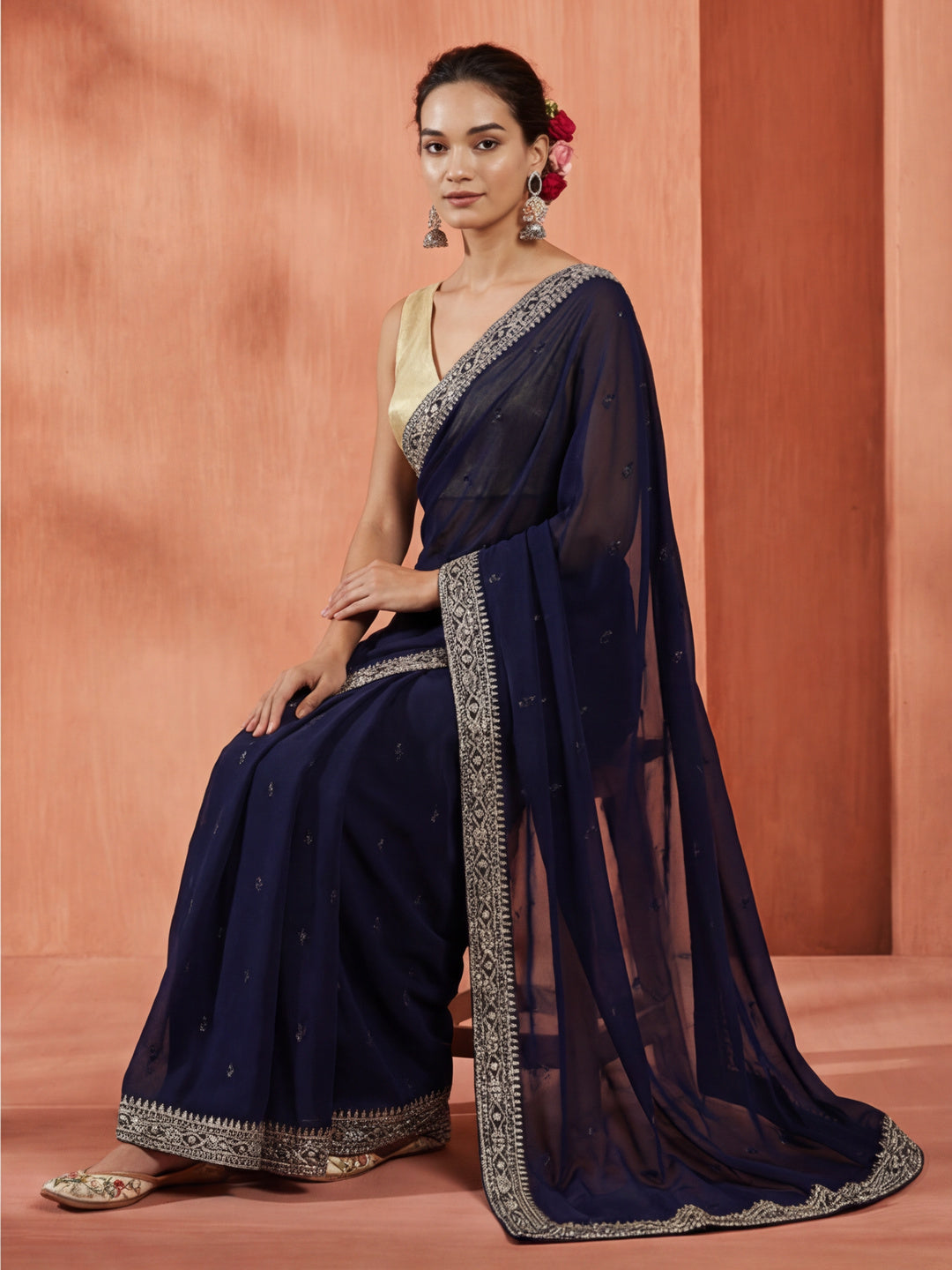 Party Wear Sequin Work Blue Georgette Saree