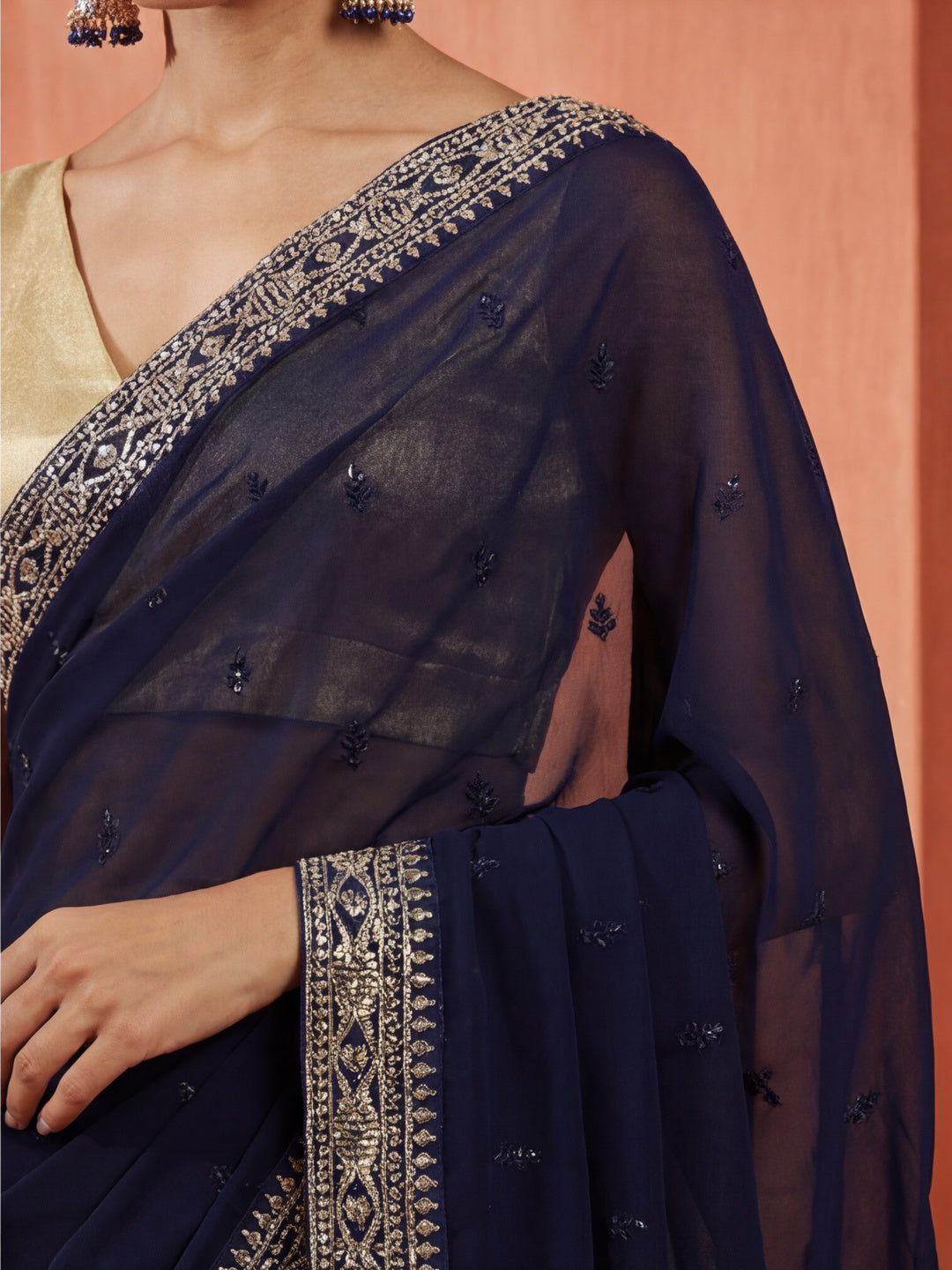 Party Wear Sequin Work Blue Georgette Saree