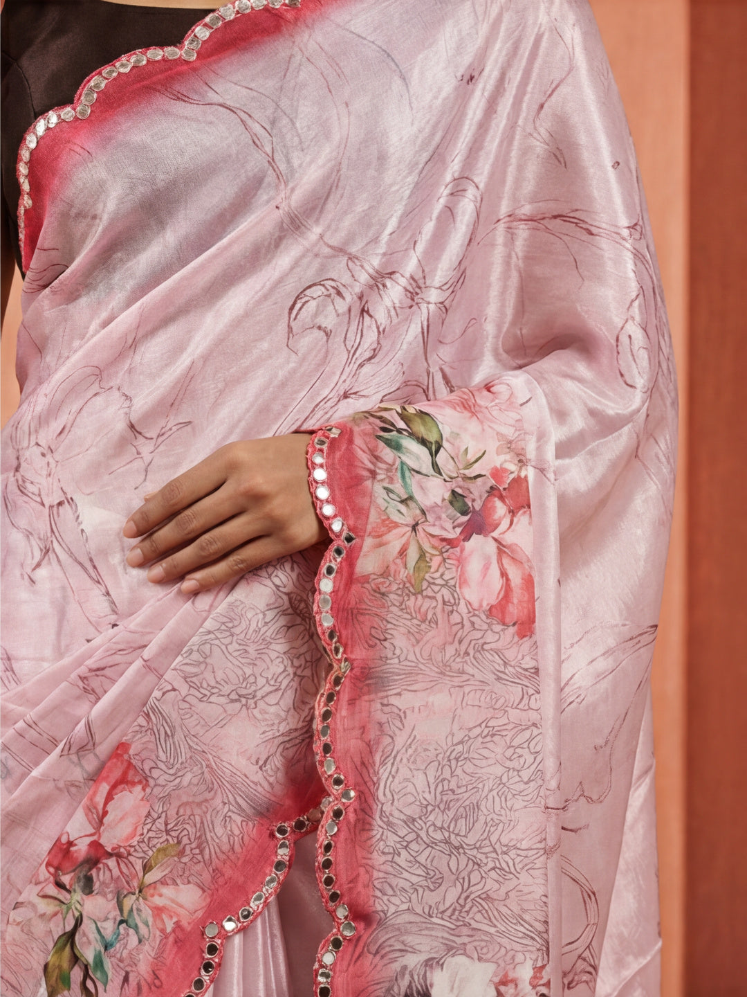 Mirror Work Satin Floral Saree