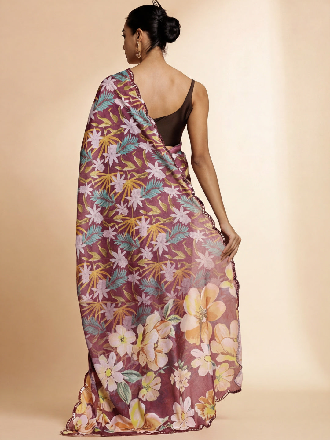 Mirror Work Satin Floral Saree
