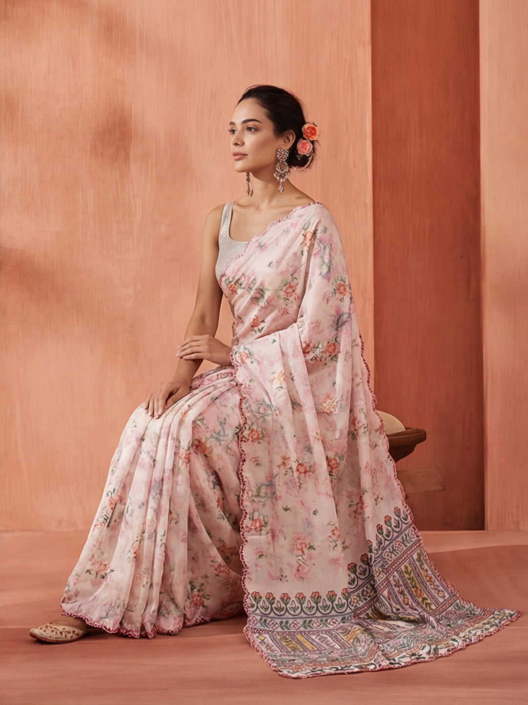 Mirror Work Satin Floral Saree