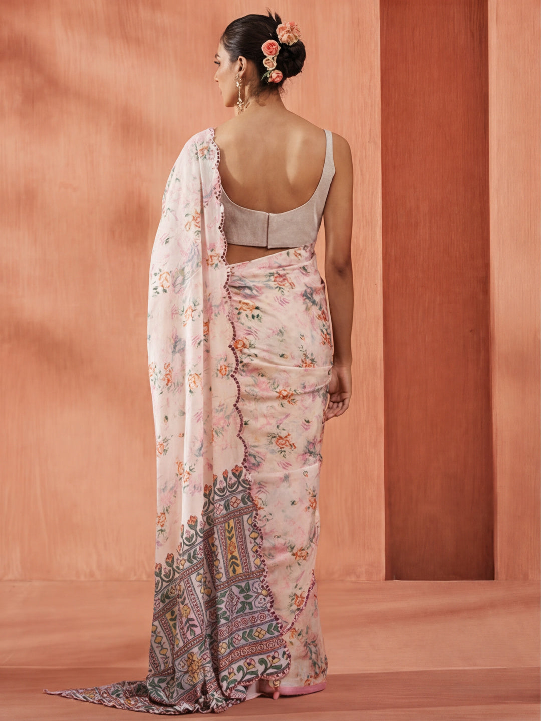 Mirror Work Satin Floral Saree