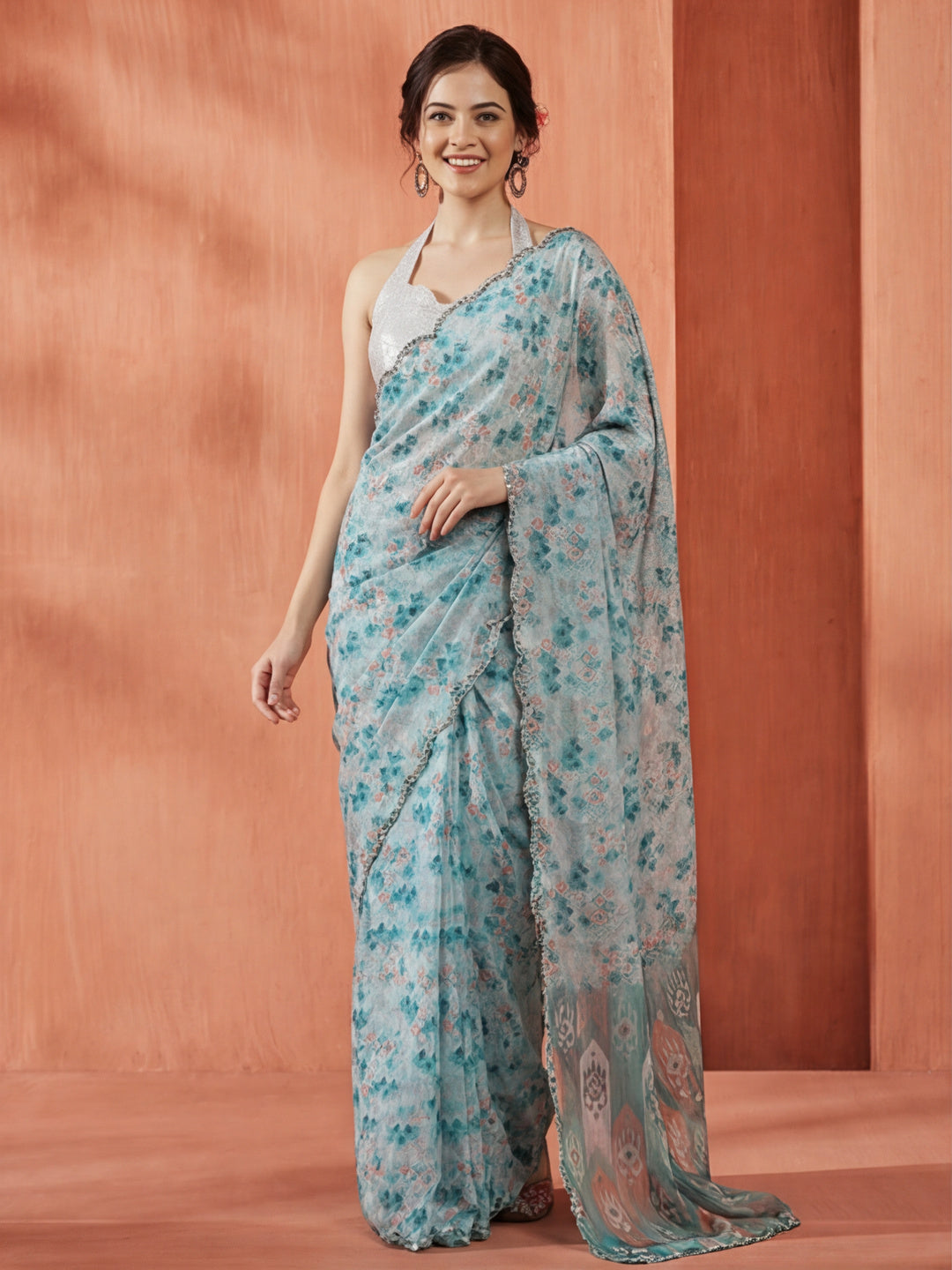 Tie-Dye Mirror Work Satin Saree