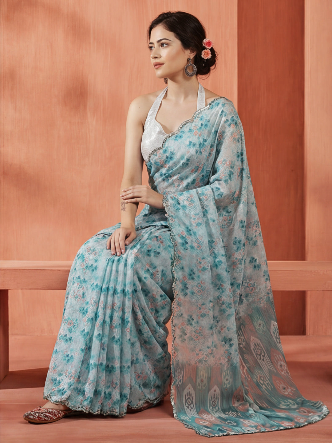 Tie-Dye Mirror Work Satin Saree