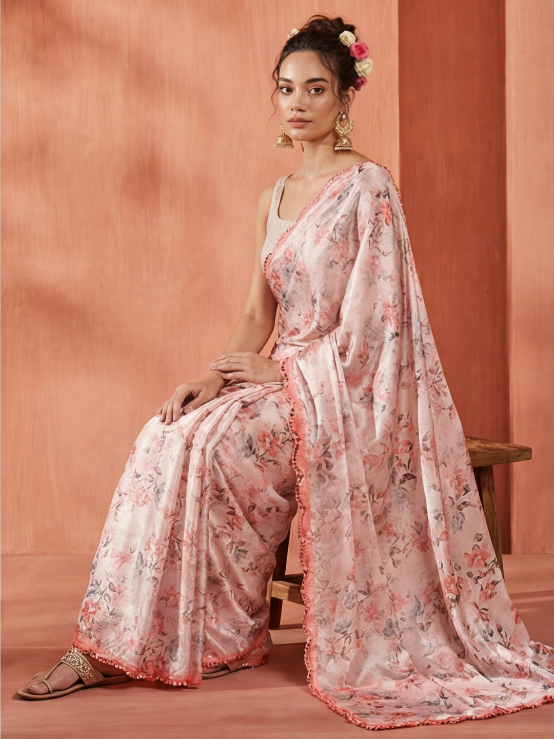Mirror Work Satin Floral Printed Saree