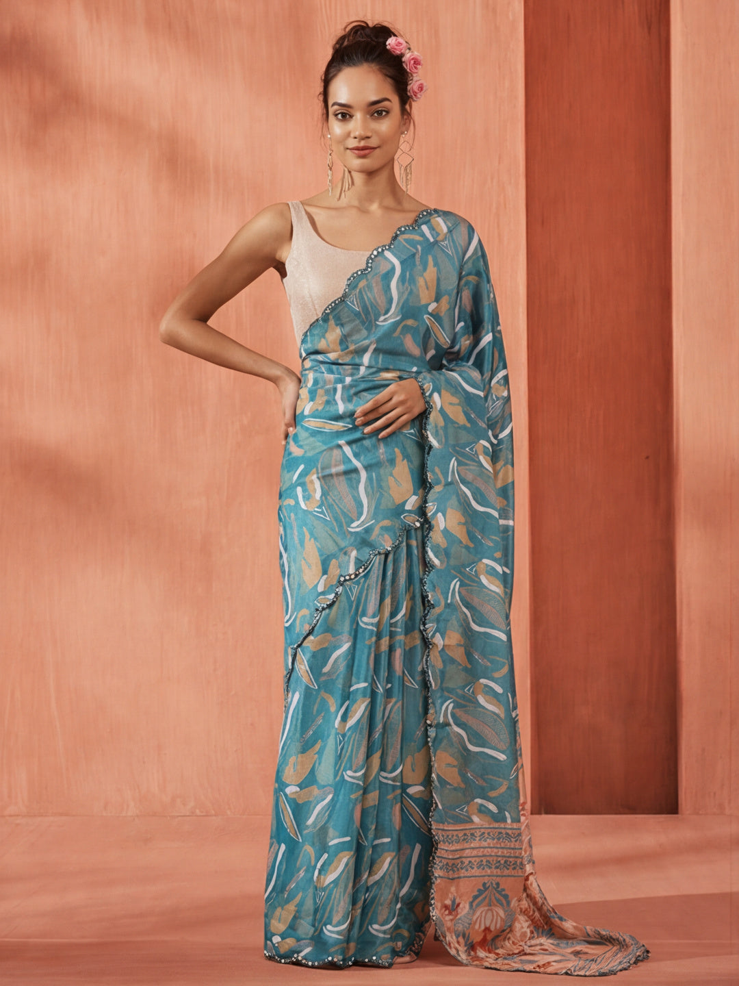 Tie-Dye Mirror Work Satin Saree