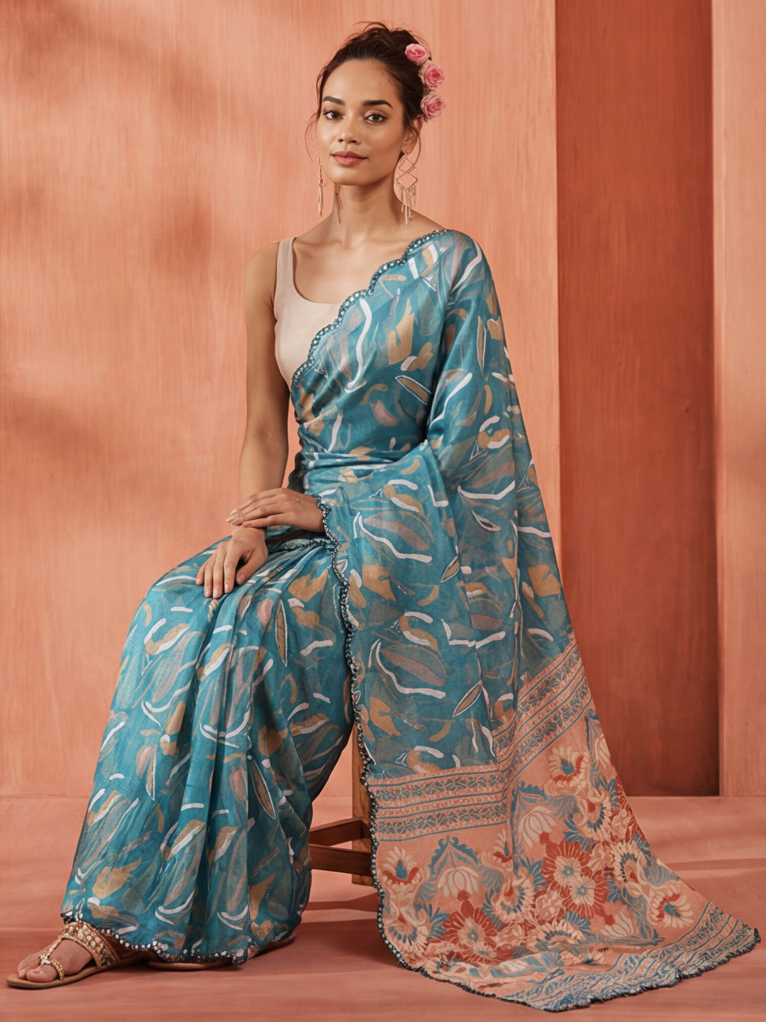 Tie-Dye Mirror Work Satin Saree