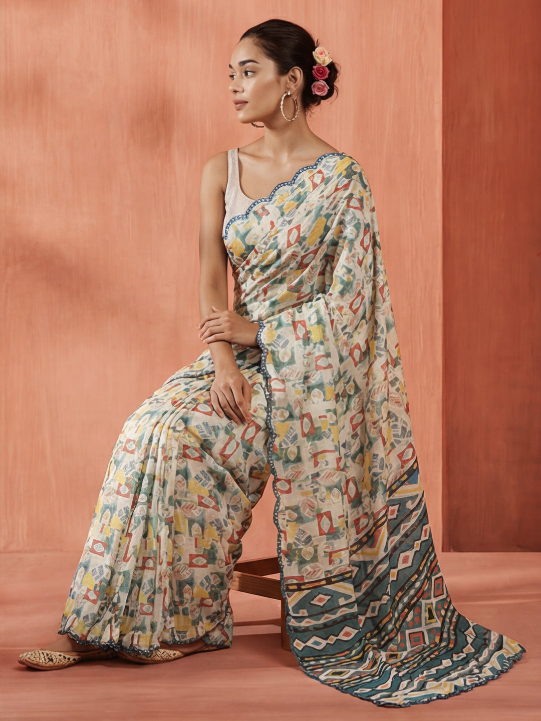 Tie-Dye Printed Mirror Work Satin Saree