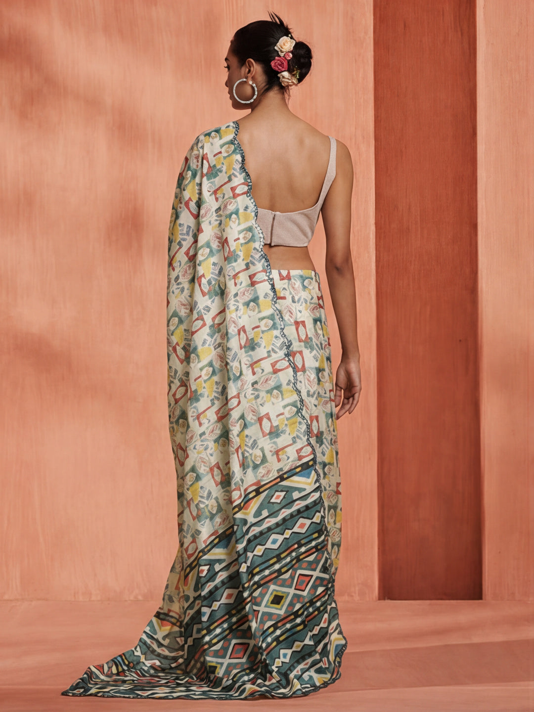 Tie-Dye Printed Mirror Work Satin Saree