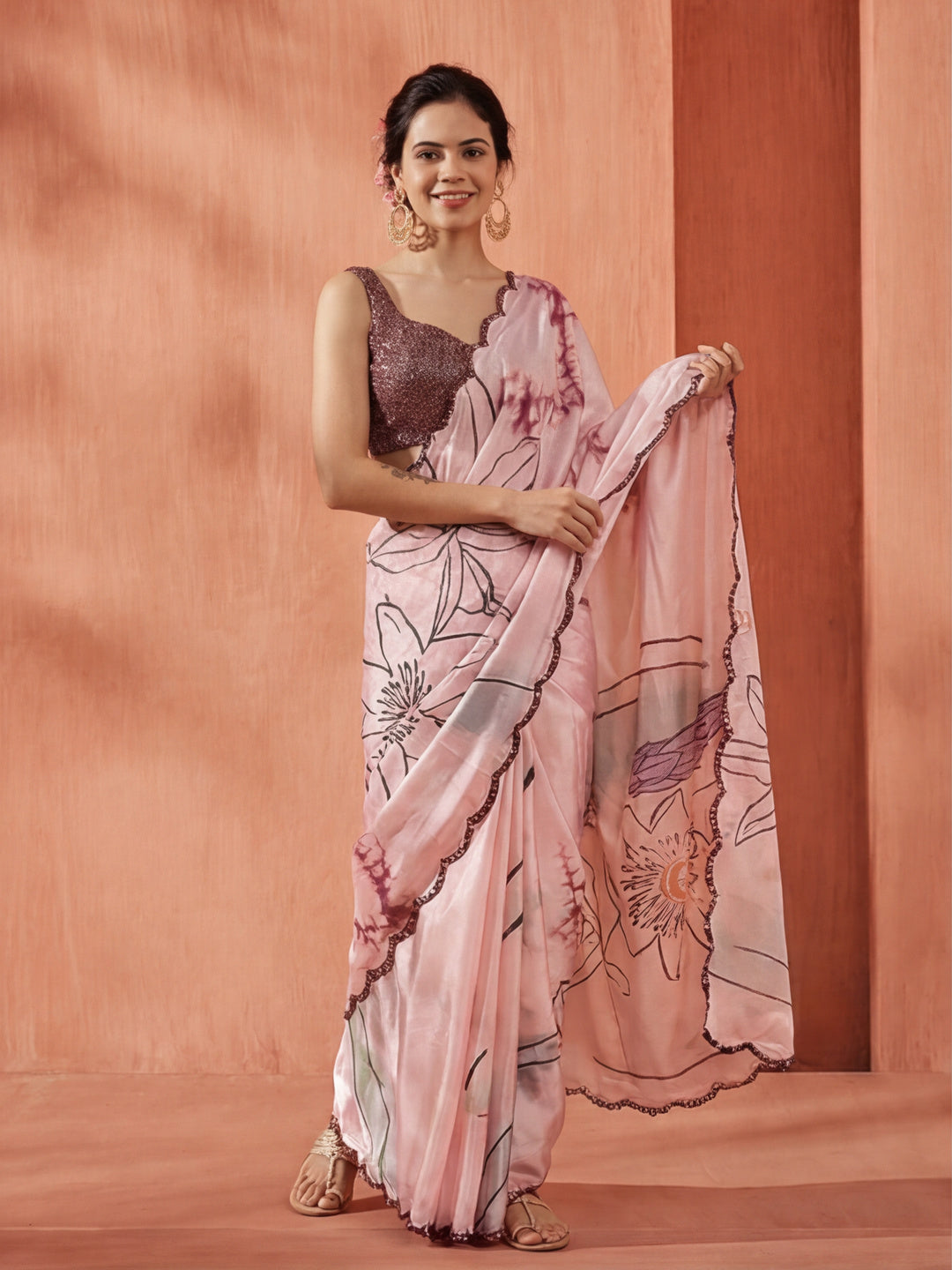 Tie-Dye Printed Mirror Work Satin Saree