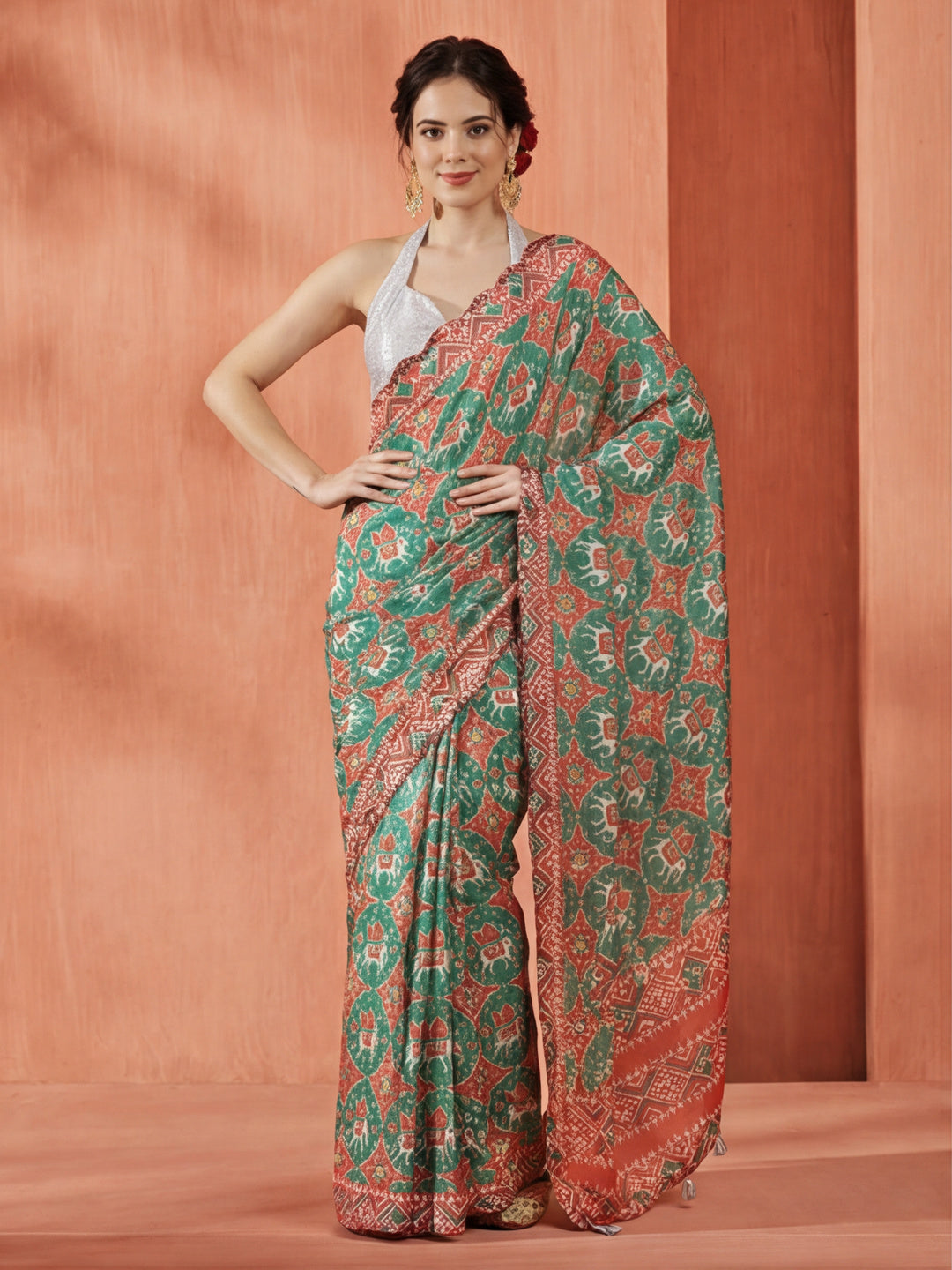 Tie-Dye Printed Mirror Work Satin Saree