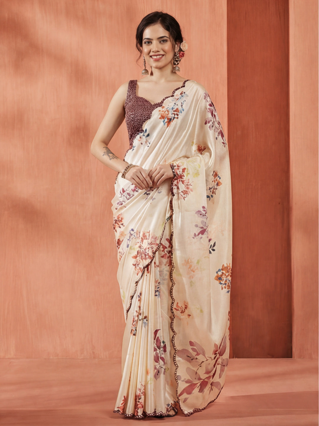 Floral Printed Mirror Work Satin Saree