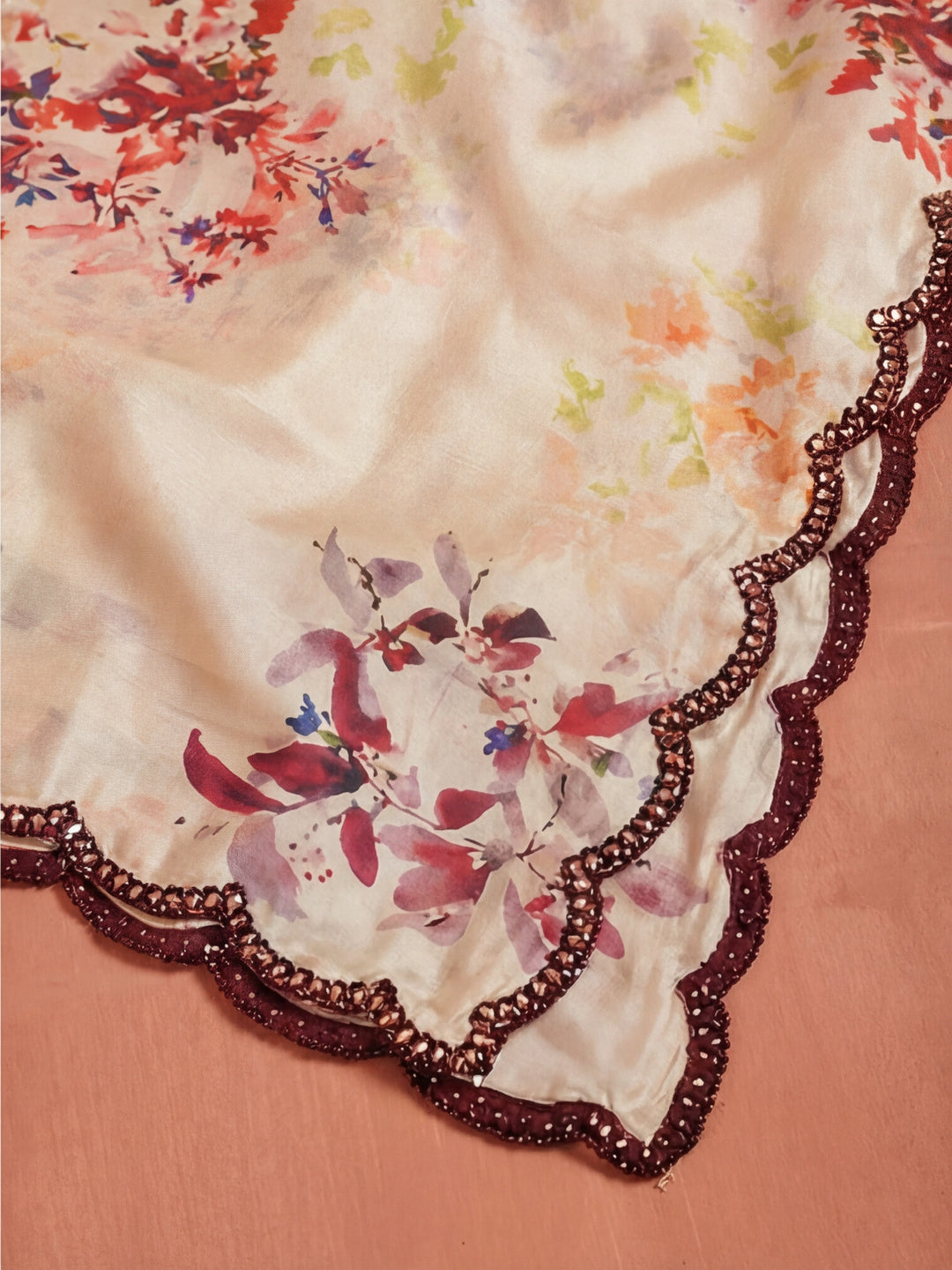 Floral Printed Mirror Work Satin Saree