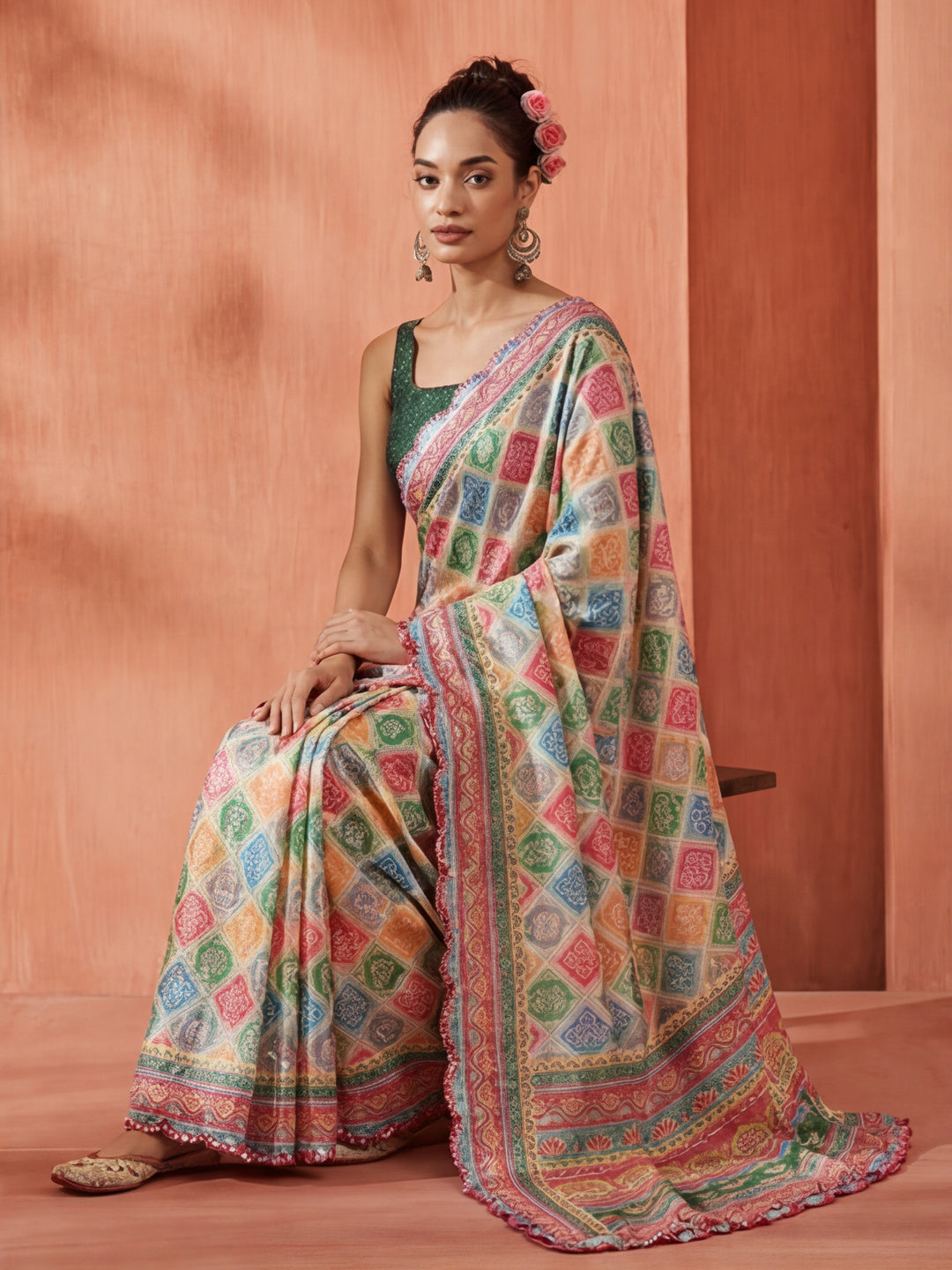 Multicolor Floral Printed Mirror Work Satin Saree