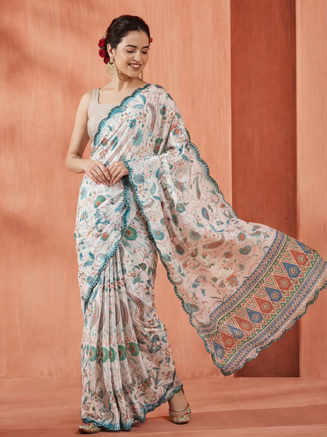 Multicolor Printed Mirror Work Satin Saree