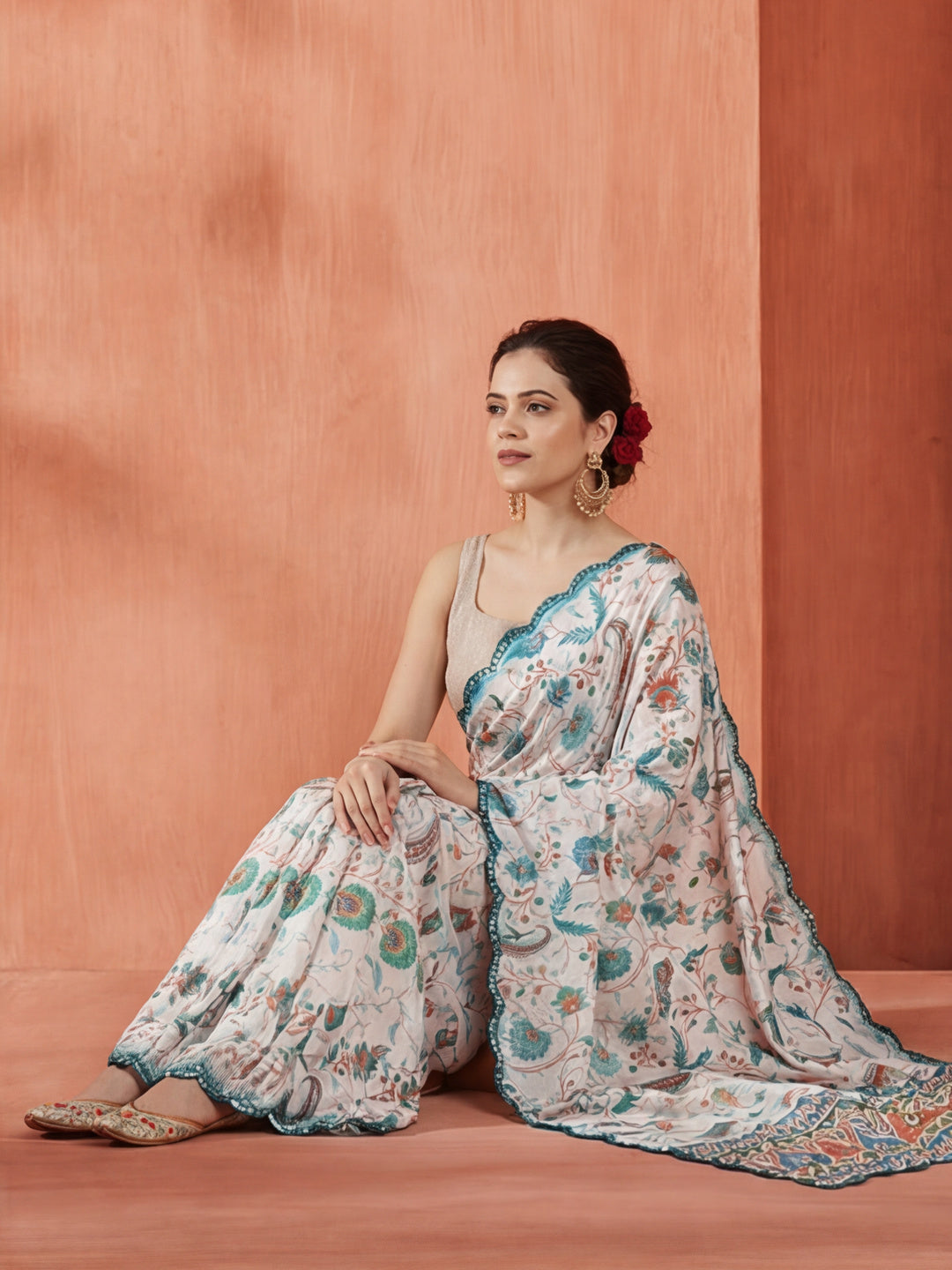 Multicolor Printed Mirror Work Satin Saree
