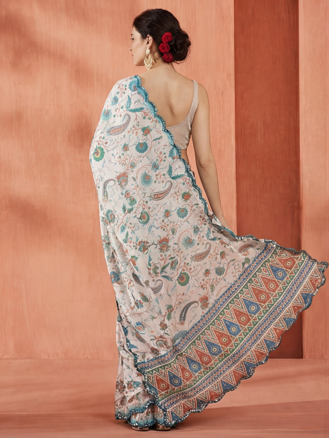 Multicolor Printed Mirror Work Satin Saree