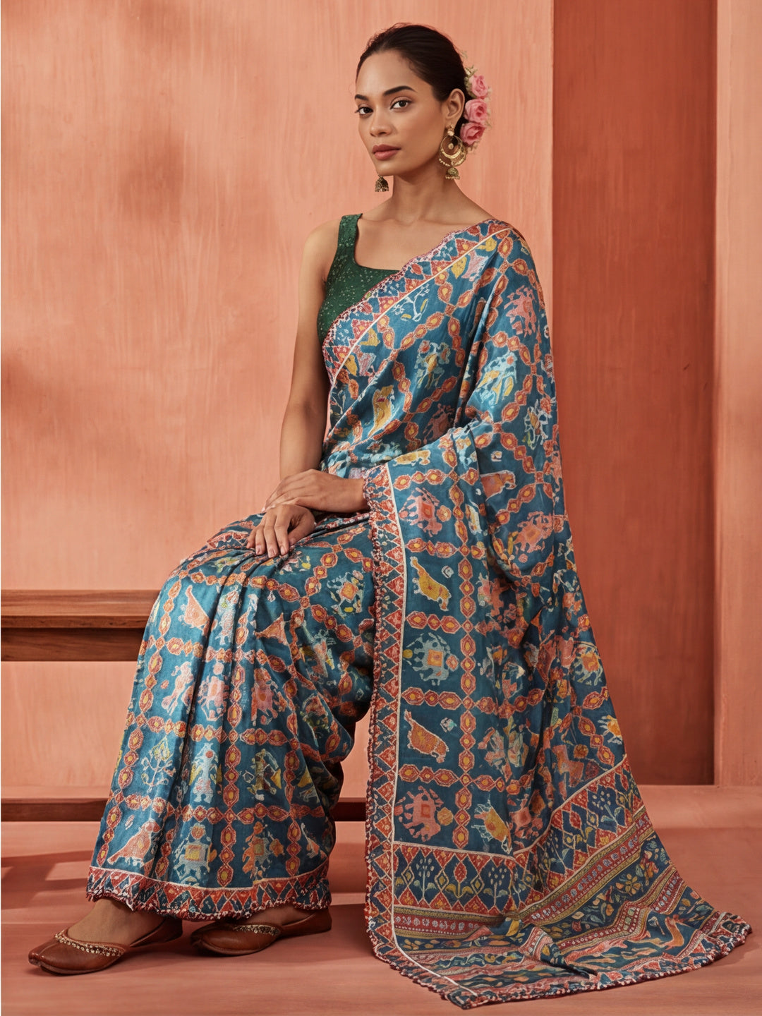 Multicolor Printed Mirror Work Satin Saree