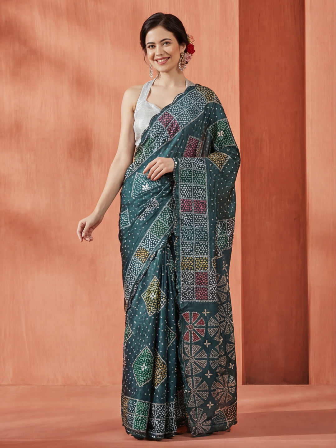 Multicolor Geometric Printed Mirror Work Satin Saree