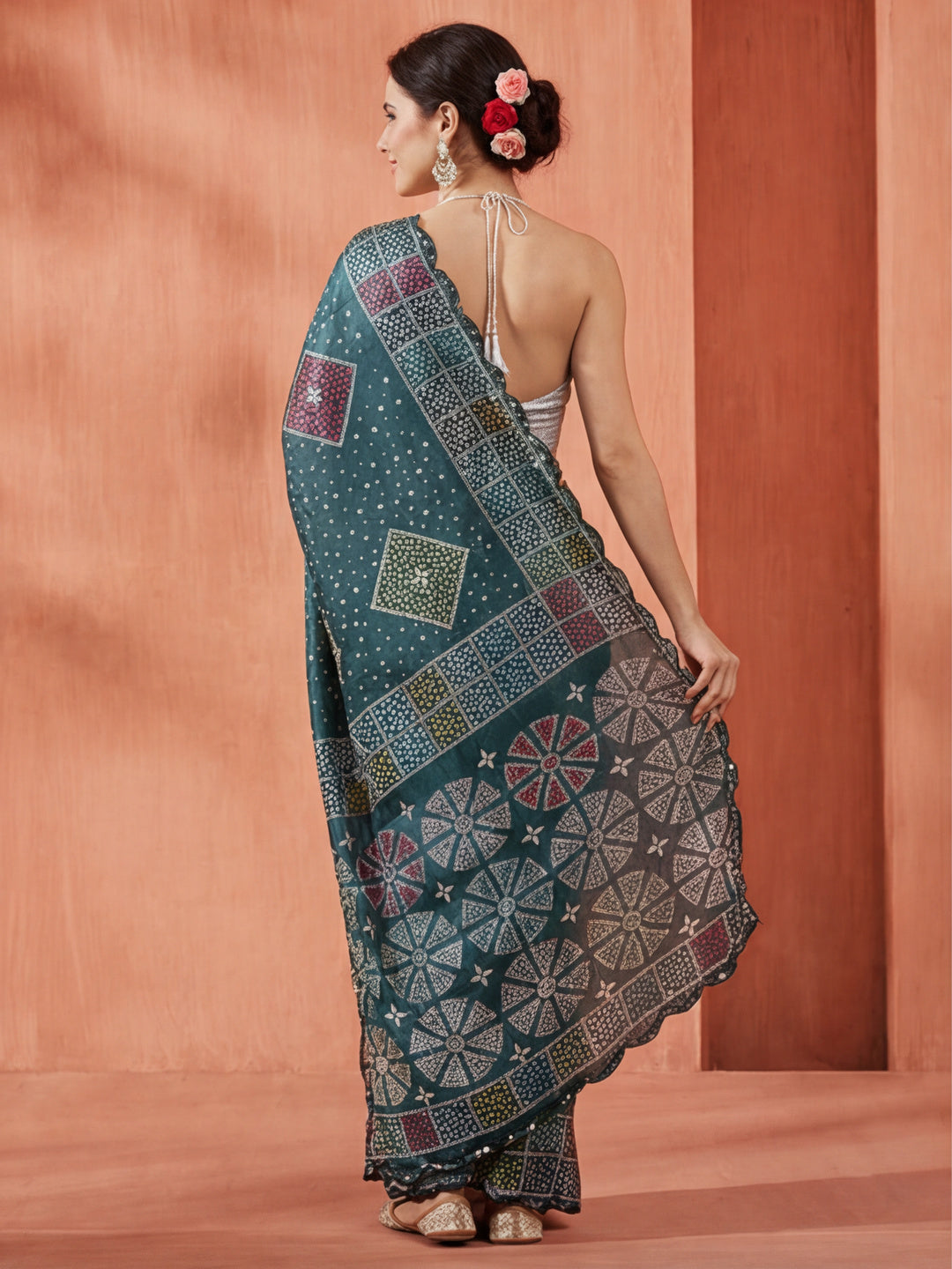 Multicolor Geometric Printed Mirror Work Satin Saree