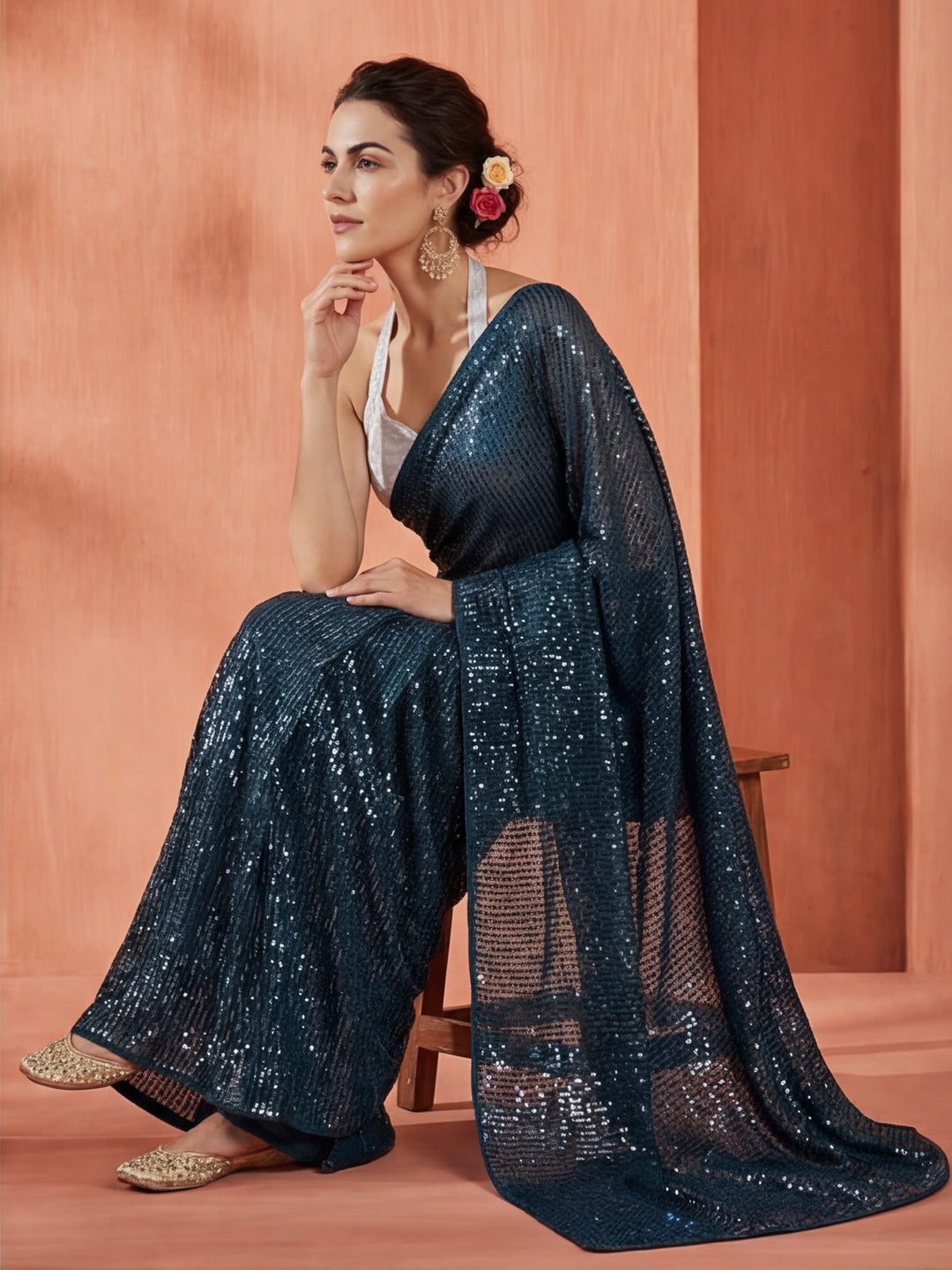 Sequin Embroidered Party Wear Tissue Saree
