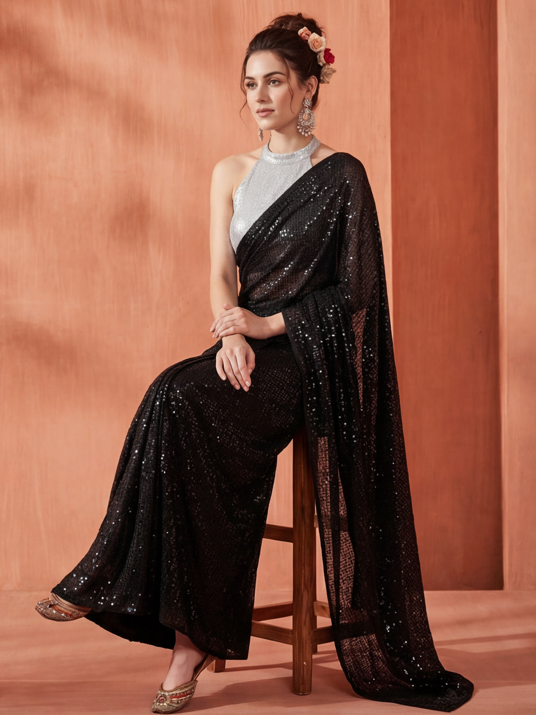 Sequin Embroidered Party Wear Black Tissue Saree