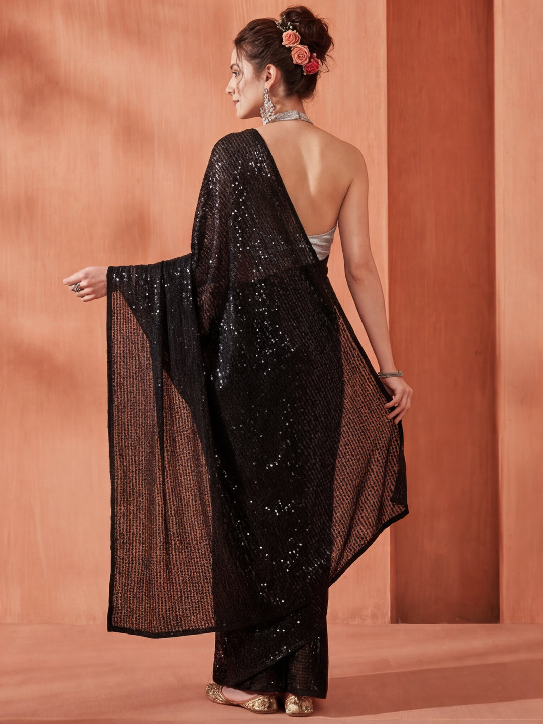 Sequin Embroidered Party Wear Black Tissue Saree