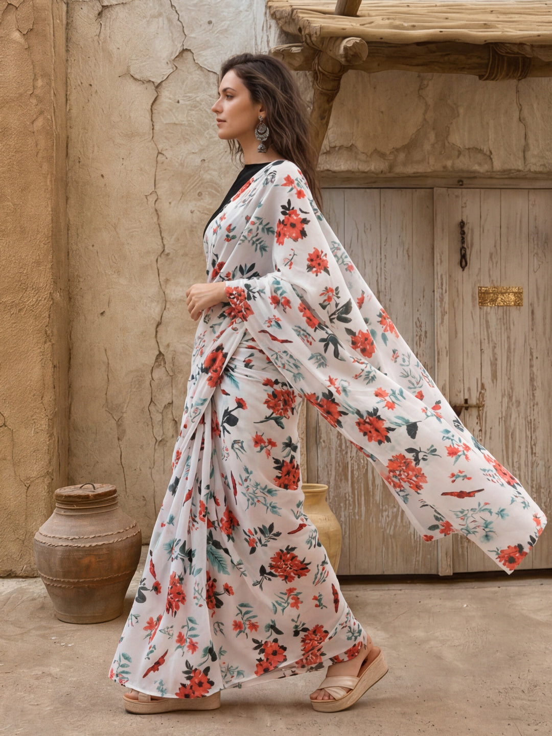 Floral Printed Pure Cotton Saree With Unstitched Blouse